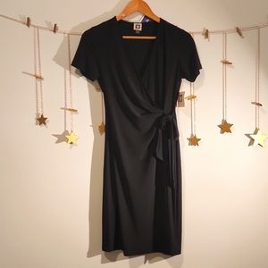 New black short sleeve faux wrap dress